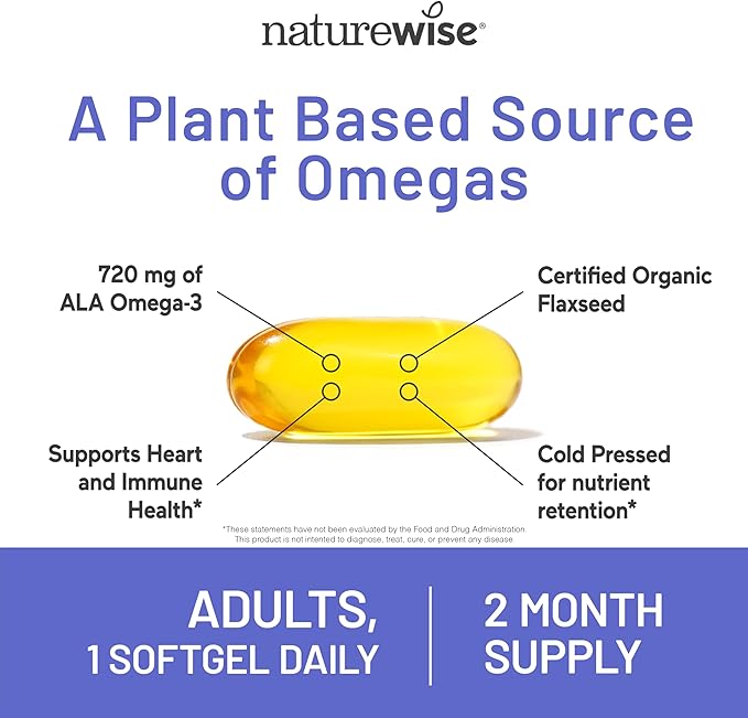 NatureWise Flaxseed Oil 1200 mg, Fish Free Omega 3 6 9 with 720mg ALA, Dietary Supplement for Heart Health Support - Organic, Cold Pressed, Non-GMO - 60 Softgels[2-Month Supply]