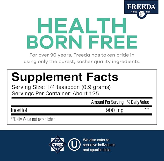 FREEDA Inositol Powder from Myo-Inositol - Hormone Balance for Women - PCOS Supplements for Women - Vitamin B8 Conception, Fertility Support - Myoinositol for Mood Improvement in Men & Women - 4 oz