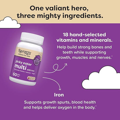 Renzo's Picky Eater Kids Multivitamin with Iron D3 & K2 and 60 Sugar-Free