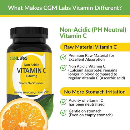 Non Acidic Vitamin C Dietary Supplement 1500mg with 100 Caps