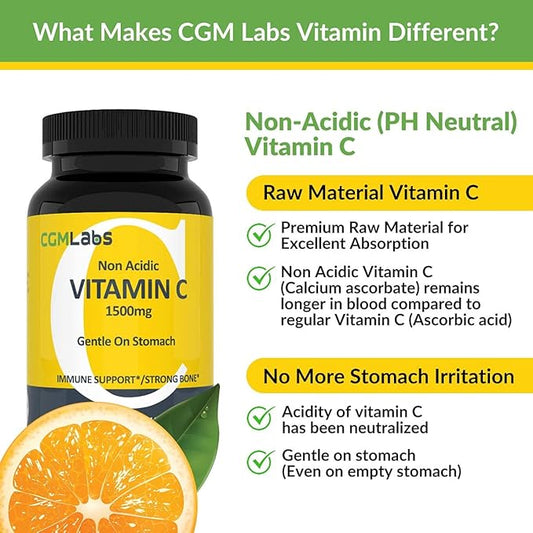 Non Acidic Vitamin C Dietary Supplement 1500mg with 100 Caps