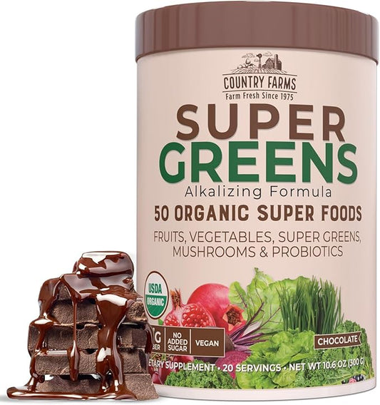 COUNTRY FARMS Super Greens Chocolate Flavor, 50 Organic 20 Servings, 10.6 Oz