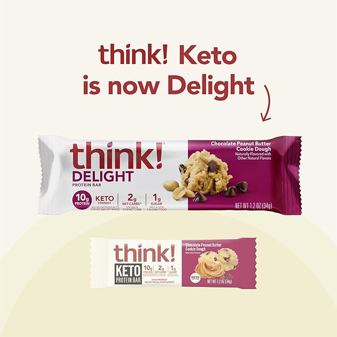 think! Delight, Keto Protein Bars, Healthy Low Carb, Gluten Free Snack - Chocolate Peanut Butter Cookie Dough, 10 Count (Packaging May Vary)