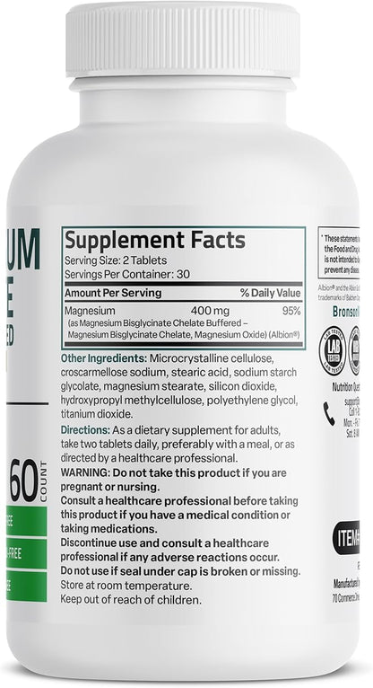 Bronson Magnesium Glycinate 400mg Extra Strength, Vegetarian, Chelated for Absorption Gentle on The Stomach, Non-GMO, 60 Tablets