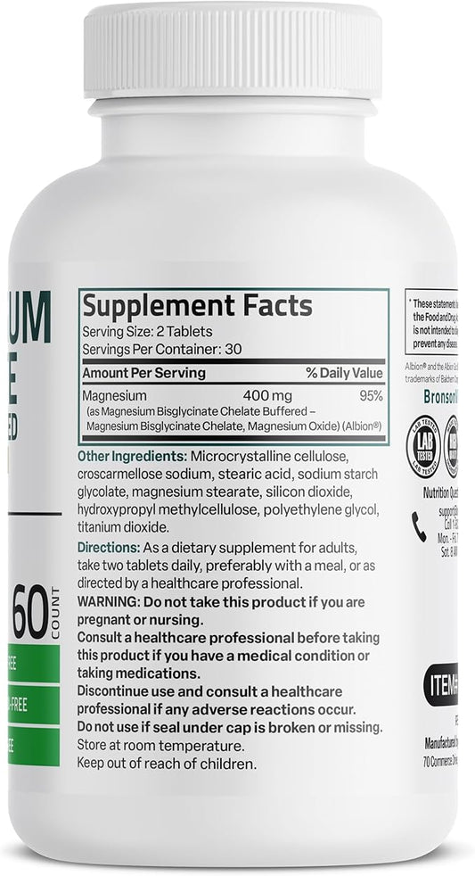 Bronson Magnesium Glycinate 400mg Extra Strength, Vegetarian, Chelated for Absorption Gentle on The Stomach, Non-GMO, 60 Tablets
