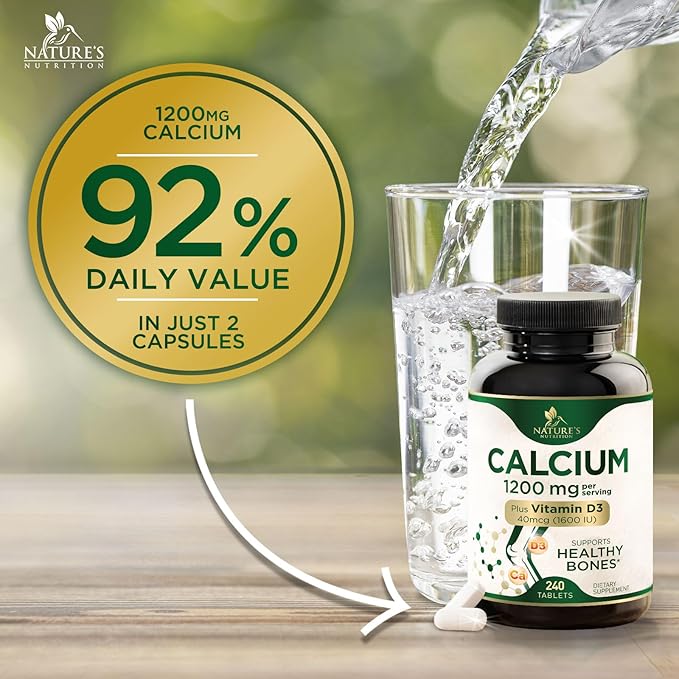 Calcium 1200 mg with Vitamin D3, Calcium Supplement Vitamins, Supports Bone Strength, Teeth & Immune System, Calcium Supplements for Women & Men, Nature's Absorbable Calcium Carbonate - 240 Tablets