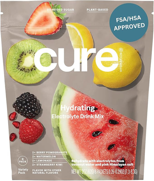 Cure Hydration | Plant-Based Electrolyte Drink Mix | No Added Sugar | FSA & HSA | Dehydration Relief Powder Made with Coconut Water | Non-GMO | Vegan | 8 Servings - Variety Pack