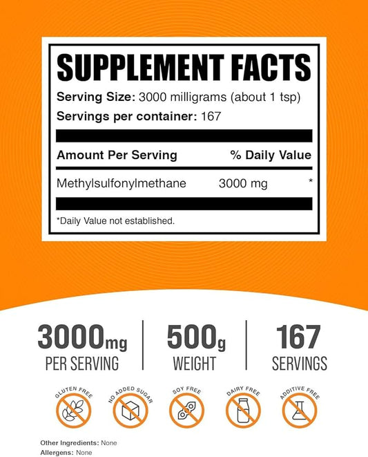 BulkSupplements.com MSM Powder - Methylsulfonylmethane, MSM Supplement - MSM Pure Powder, MSM 3000mg - for Joint Health, Gluten Free, 3000mg per Serving, 500g (1.1 lbs) (Pack of 1)