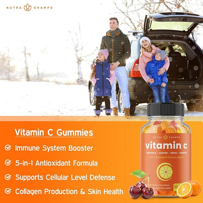 Vitamin C Gummies for Adults & Kids | 5-in-1 Immune System Support with Elderberry, Rosehips, Citrus Bioflavonoids & Acerola Cherry | Vegan VIT C Immunity Booster Supplement Chewable Gummy (2 Pack)