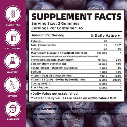 Magnesium Glycinate Gummies 1000mg with Magnesium B6, CoQ10, CoQ10, Calcium,Supports 90 Elderberry