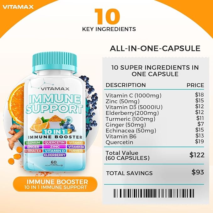10-in-1 Immune System Support Booster D3, Selenium, B6, Echinacea (60 Count 1))
