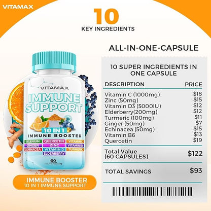 10-in-1 Immune System Support Booster D3, Selenium, B6, Echinacea (60 Count 1))