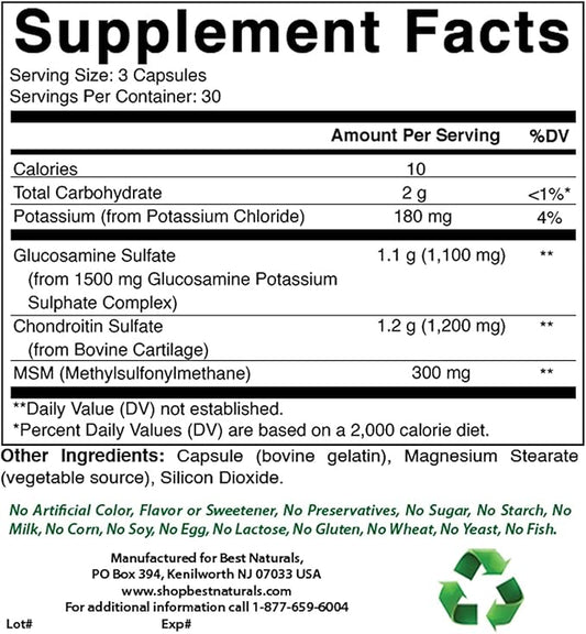 Best Naturals, Glucosamine Chondroitin MSM Supplements, 2600 mg 90 Capsules (90 Count 1))