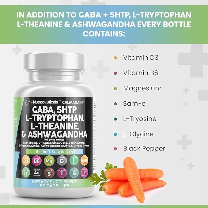 Clean Nutraceuticals GABA 750mg 5 HTP 200mg L 500mg L 200mg Ashwagandha 3000mg SAM-e