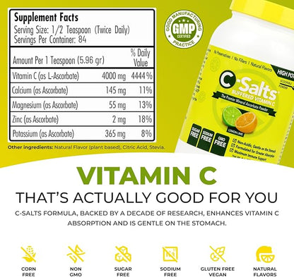 4000mg Vitamin C Powder Supplement - 100% Pure Buffered Powdered Drink with Ascorbate C - Immune Support, Stomach-Friendly Absorption, Organic, Vegan, Sodium & Sugar-Free, Lemon Lime 8oz
