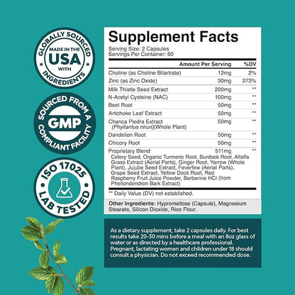 Liver Support Supplement with NAC - Herbal Liver Supplement with N Acetyl Cysteine Silymarin Milk Thistle Extract Dandelion Root Artichoke Extract Choline Bitartrate and Berberine 120 Capsules