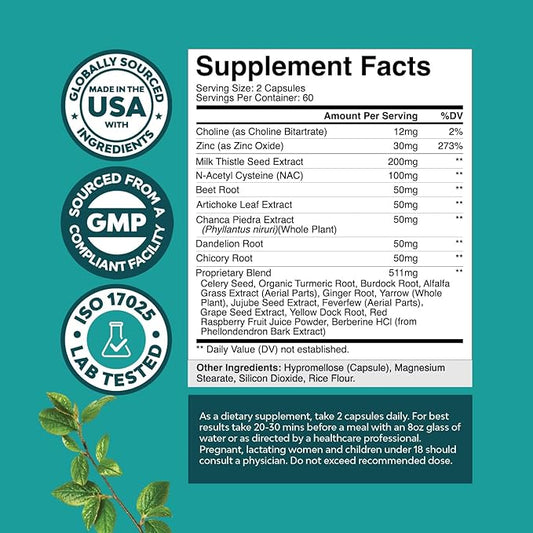 Liver Support Supplement with NAC - Herbal Liver Supplement with N Acetyl Cysteine Silymarin Milk Thistle Extract Dandelion Root Artichoke Extract Choline Bitartrate and Berberine 120 Capsules