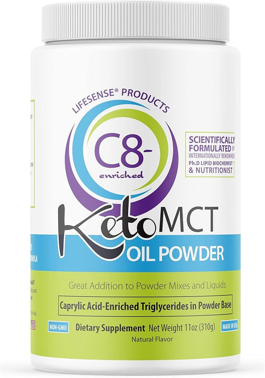 LifeSense C8 enriched MCT Oil Powder Unflavored Sourced from Coconut Oil, Keto-Friendly, Developed by PhD Nutrition in USA, Optimal Fuel for The Brain and Body