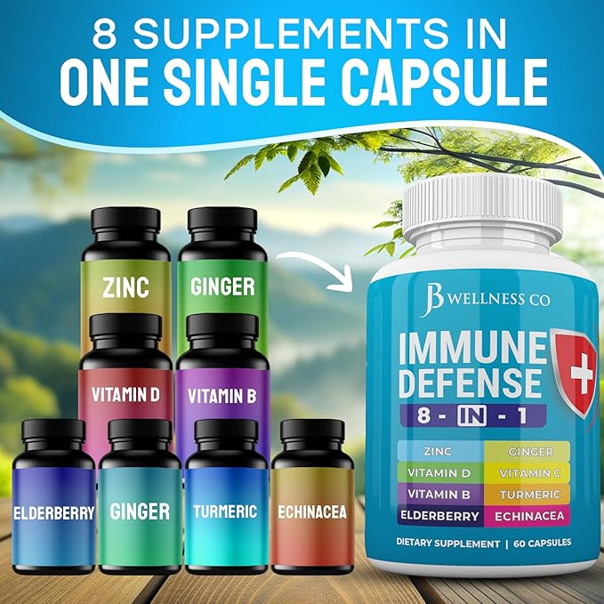 Immune Support 8 in 1 Capsules - Zinc Supplement, Vitamin D3 5000 IU, Vitamin C 1000MG and Elderberry - Immune Booster Supplement with Echinacea, Ginger Root, and Turmeric - [3-Pack, 180 Count]