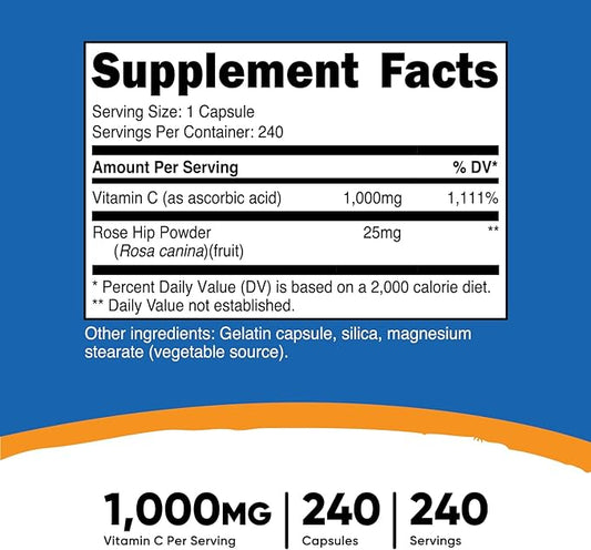 Nutricost Vitamin C with Rose Hips 1025mg, 240 240 Capsules 1,000mg, Rose 25mg, Premium,