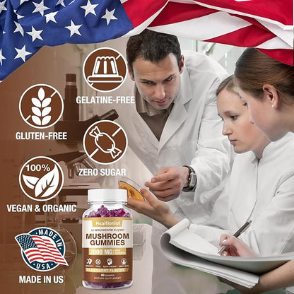 2 Packs 3000MG Mushroom Complex Gummies 10 Blend - Lion's Mane Gummies for Adults, Cordyceps, Shiitake, Reishi, Chaga, Brain, Immune Support & Stress Relief, Energy Mushroom Supplement for Men & Women