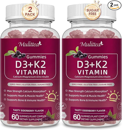 Vitamin D3 10000 IU + K2 (MK-7) 200mcg w/Calcium Magnesium Zinc Elderberry & Inulin-Highly Bioavailable-Enhanced Absorption for Immune & Bone Support- K2 D3 Vitamin Supplement-Vegan Gummies