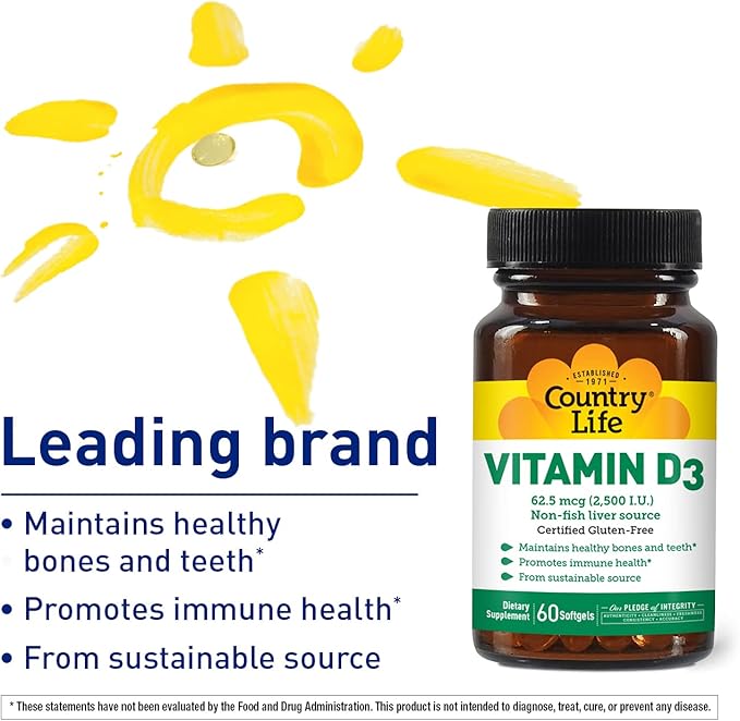 Country Life Vitamin D3 2500 I.U. Gluten-Free, 60 Softgels