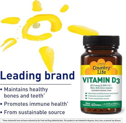 Country Life Vitamin D3 2500 I.U. Gluten-Free, 60 Softgels
