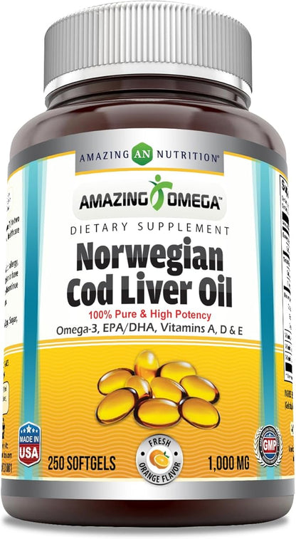 Amazing Omega Norwegian Cod Liver Oil 1000 Mg Omega-3, EPA, 250 Count)