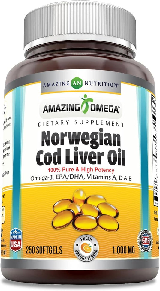 Amazing Omega Norwegian Cod Liver Oil 1000 Mg Omega-3, EPA, 250 Count)