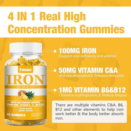 1 Pack 100MG Iron Supplement Gummies for Women & Men - with Vitamin A, C, B - Blood Builder ＆ Energy Support for Iron Deficiency, Anemia, Adults ＆ Children, Vegan, Pineapple Flavor Gummy, 60ct