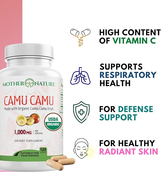 Organic Vitamin C from Camu Camu 1,000mg, Packed (120 Count)