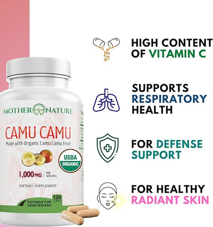 Organic Vitamin C from Camu Camu 1,000mg, Packed (120 Count)