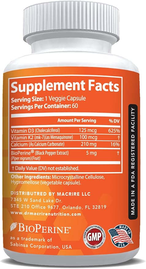 Vitamin D3 K2, 5000 IU Vitamin D3 and 100mcg K2 K2 with 60 Capsules.