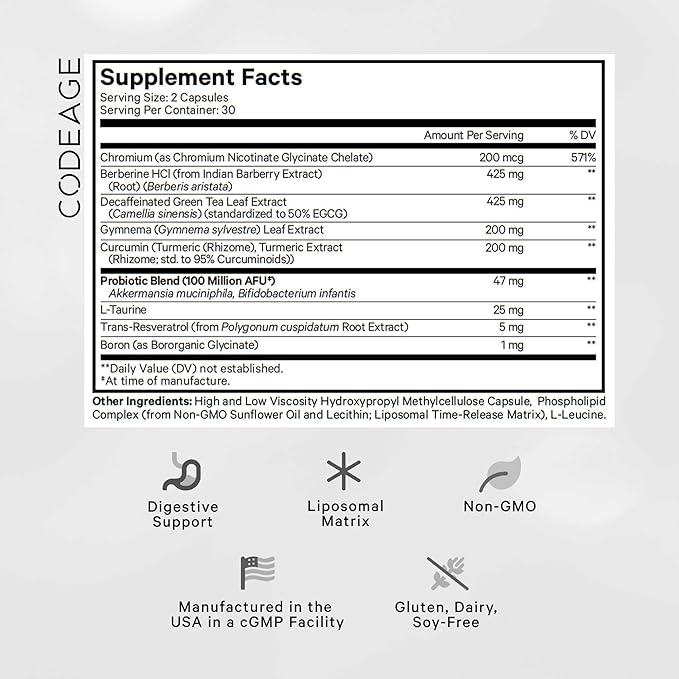 Codeage GLP-Advantage+ Supplement - Metabolic & GLP-1 Activity Support - Chromium, Berberine, Green Tea, Gymnema, Curcumin, Taurine, Resveratrol - Weight Management & Gut Health, Non-GMO - 60 Capsules
