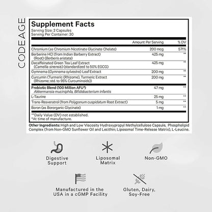 Codeage GLP-Advantage+ Supplement - Metabolic & GLP-1 Activity Support - Chromium, Berberine, Green Tea, Gymnema, Curcumin, Taurine, Resveratrol - Weight Management & Gut Health, Non-GMO - 60 Capsules