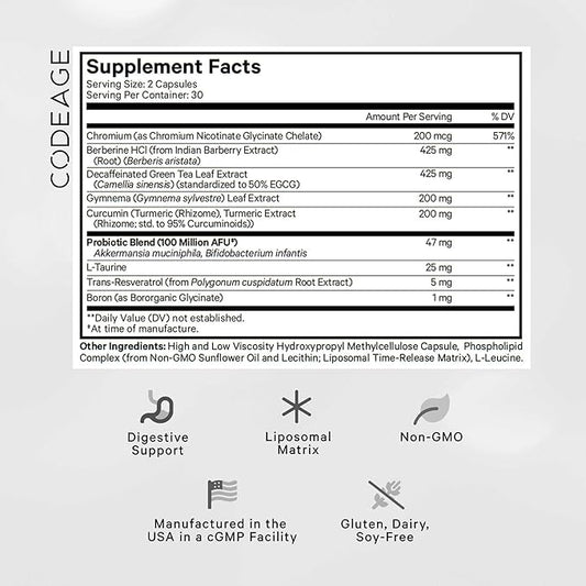 Codeage GLP-Advantage+ Supplement - Metabolic & GLP-1 Activity Support - Chromium, Berberine, Green Tea, Gymnema, Curcumin, Taurine, Resveratrol - Weight Management & Gut Health, Non-GMO - 60 Capsules