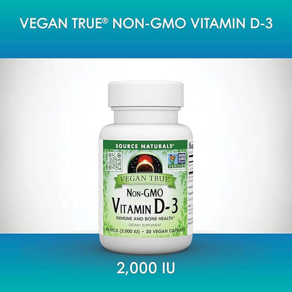 Source Naturals Vegan True, Non-GMO Vitamin D-3, Dietary Supplement for Immune and Bone Health*, 2,000 IU - 30 Capsules