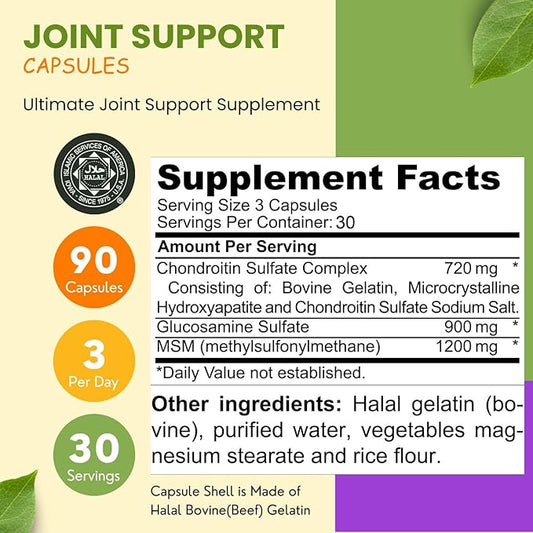 Halal Joint Support Supplement w/Glucosamine Chondroitin MSM 2820mg 30 30 Servings