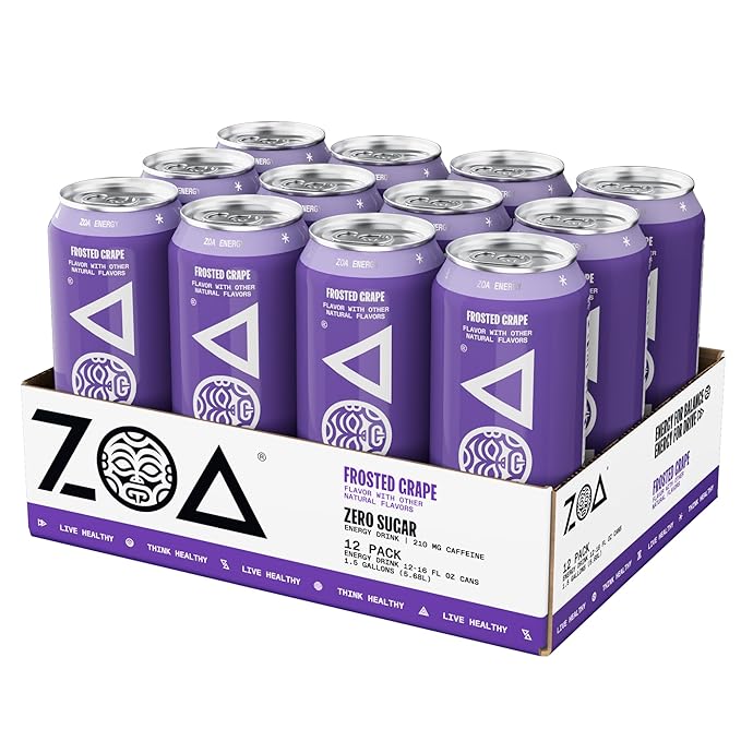 ZOA Zero Sugar Energy Drinks, Frosted Grape - Sugar Free with Electrolytes, Healthy Vitamin C, Amino Acids, Essential B-Vitamins, and Caffeine from Green Tea - 16 Fl Oz (12-Pack)