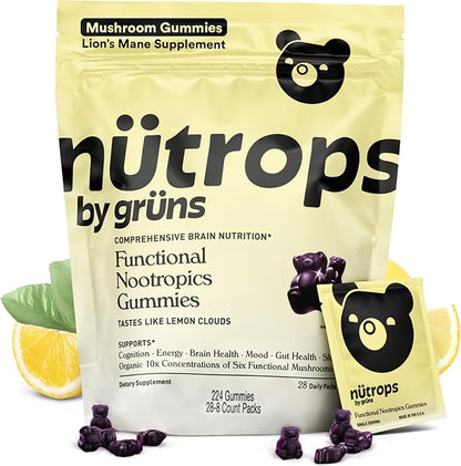 Gruns Nutrops Functional Nootropics Mushroom Gummies, Herbal Brain Supplement Gummy for Energy, Brain Health, Cognitive Support, Mood & Focus - Cordyceps, Lions Mane, Reishi, Chaga & Coriolus Blend