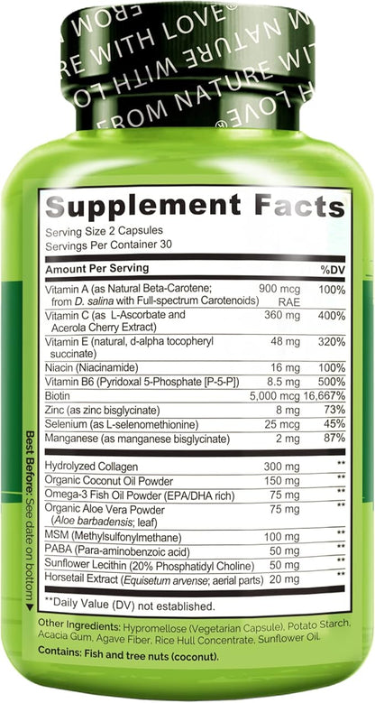 NATURELO Hair, Skin and Nails Vitamins 5000 mcg 60 Capsules