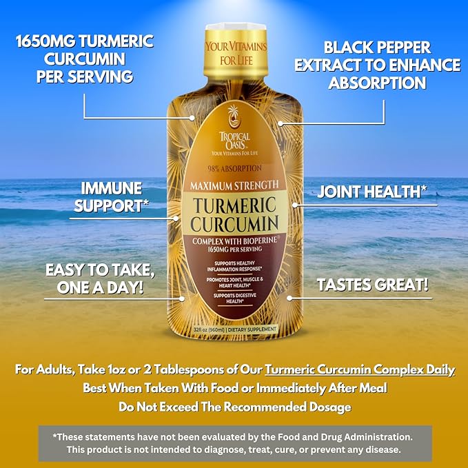 Tropical Oasis Liquid Turmeric Curcumin w/Bioperine 1650mg Maximum 98% Absorption 32oz