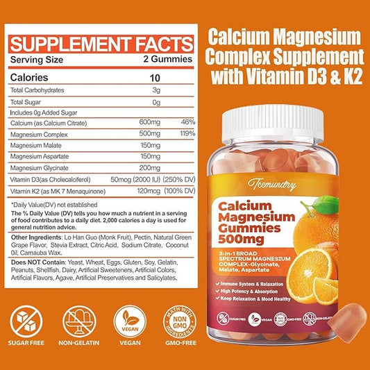 Calcium Magnesium Gummies High Absorption Calcium 600 mg 500 mg D3 & K2 for (60 Count)
