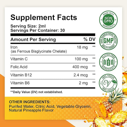 Liquid Iron Supplement for Women, Men & Kids, Liquid Iron Drops with Folate, Vitamin C, B6, B12 for Anemia, Red Blood Cell, Energy Support, Pineapple Flavor, 2 Fl Oz