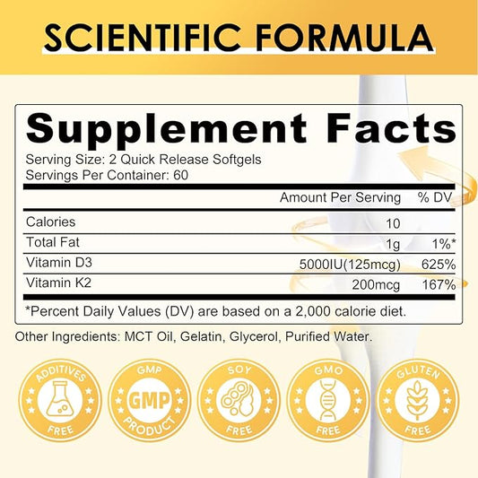 Vitamin D3 K2 Supplement with Vitamin D3 5000 IU, 200 mcg Vitamin K2 MK-7 & Natural Coconut Oil, Plant Based 2-1 Formula for Bone, Teeth, Muscle and Immune Health Support,120 Softgel Capsules