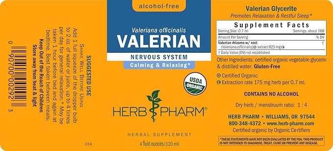 Herb Pharm Certified Organic Valerian Root 4 Ounce
