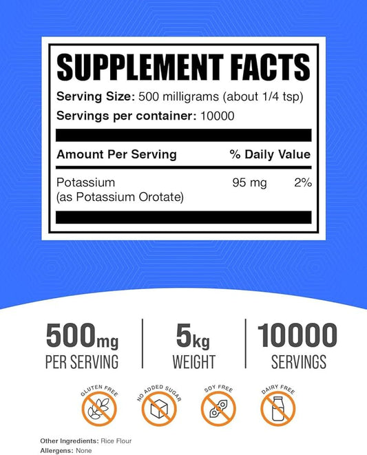 BulkSupplements.com Potassium Orotate Powder - Potassium Supplement, Potassium Orotate 500mg, Potassium Powder - Gluten Free, 500mg (95mg Potassium) per Serving, 5kg (11 lbs) (Pack of 5)