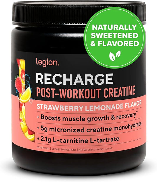 LEGION Recharge Post Workout Supplement (Strawberry Lemonade) - All Natural Muscle Builder & Recovery Drink with Micronized Creatine Monohydrate. Naturally Sweetened & Flavored 60 Serving