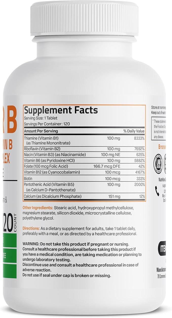 Bronson Vitamin B 100 Complex High B1, B2, B2, B3, B3, B6, B6, B9 B9 - B12), 120 120 Tablets
